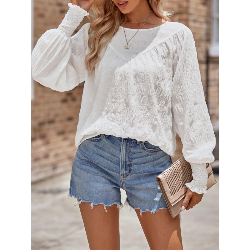 

Весняно-осіння жіноча блуза, модна повсякденна одноколірна кругла горловина, клаптева топ з довгими рукавами XL білий