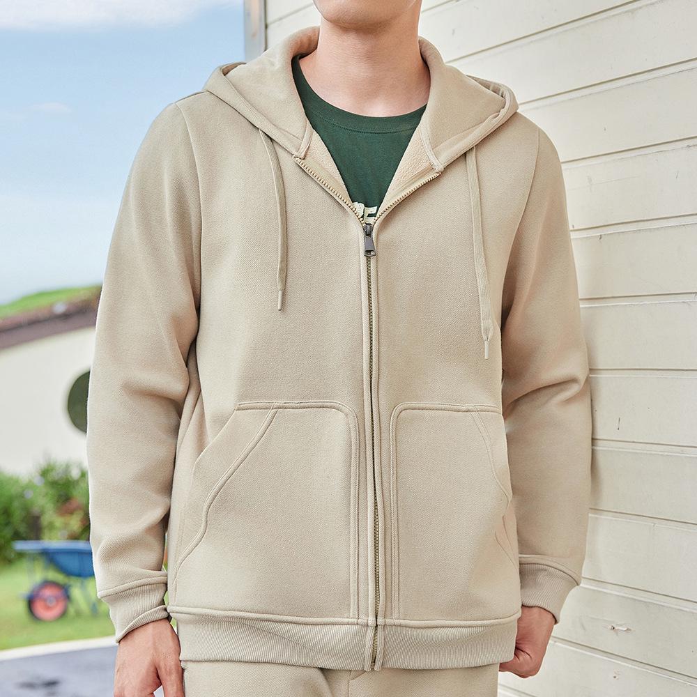Men's Casual Solid Color Fleece Lined Hooded Sweatshirt - Warm, Versatile Loose Fit with Drawstring and Zipper.
