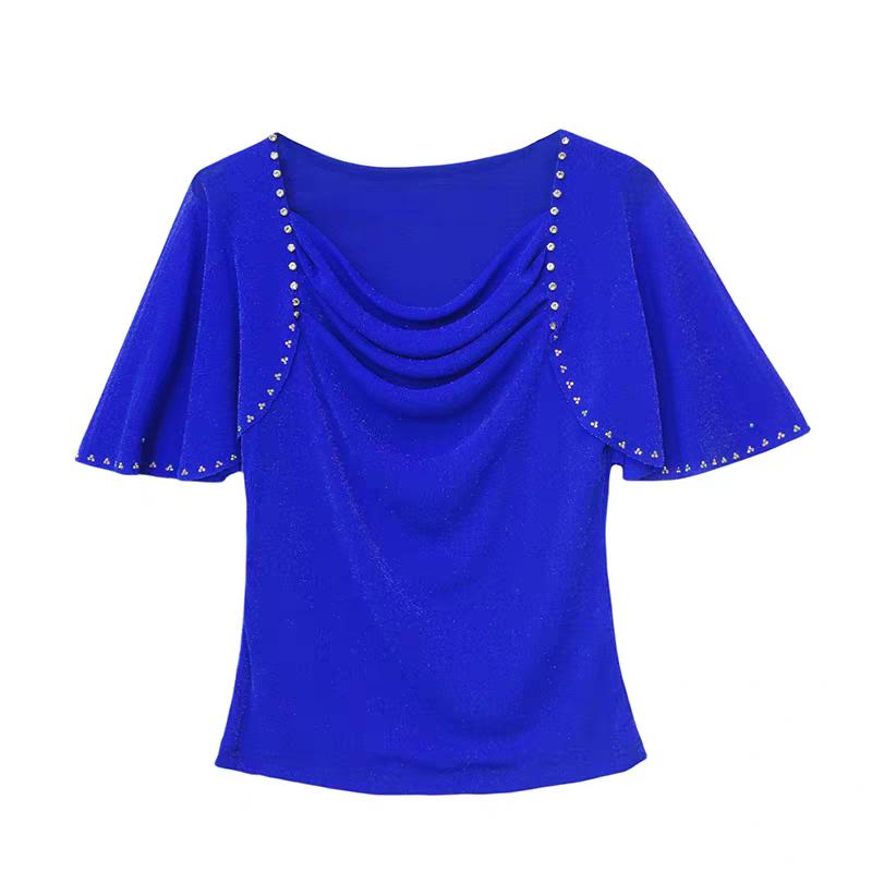 New Fashion Women's Chic Butterfly Sleeve Hot Diamonds Summer T-shirt Sexy Square Neck Slim Mesh Tops Elegant Female Tees