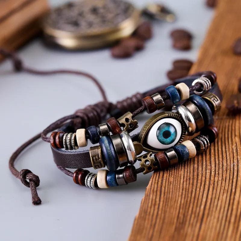 

Evil Eye Bracelets For Men Women Vintage Leather Rope Cool Adjustable Layered Bracelet Charm Turkey Jewelry Halloween Cosplay коричневий