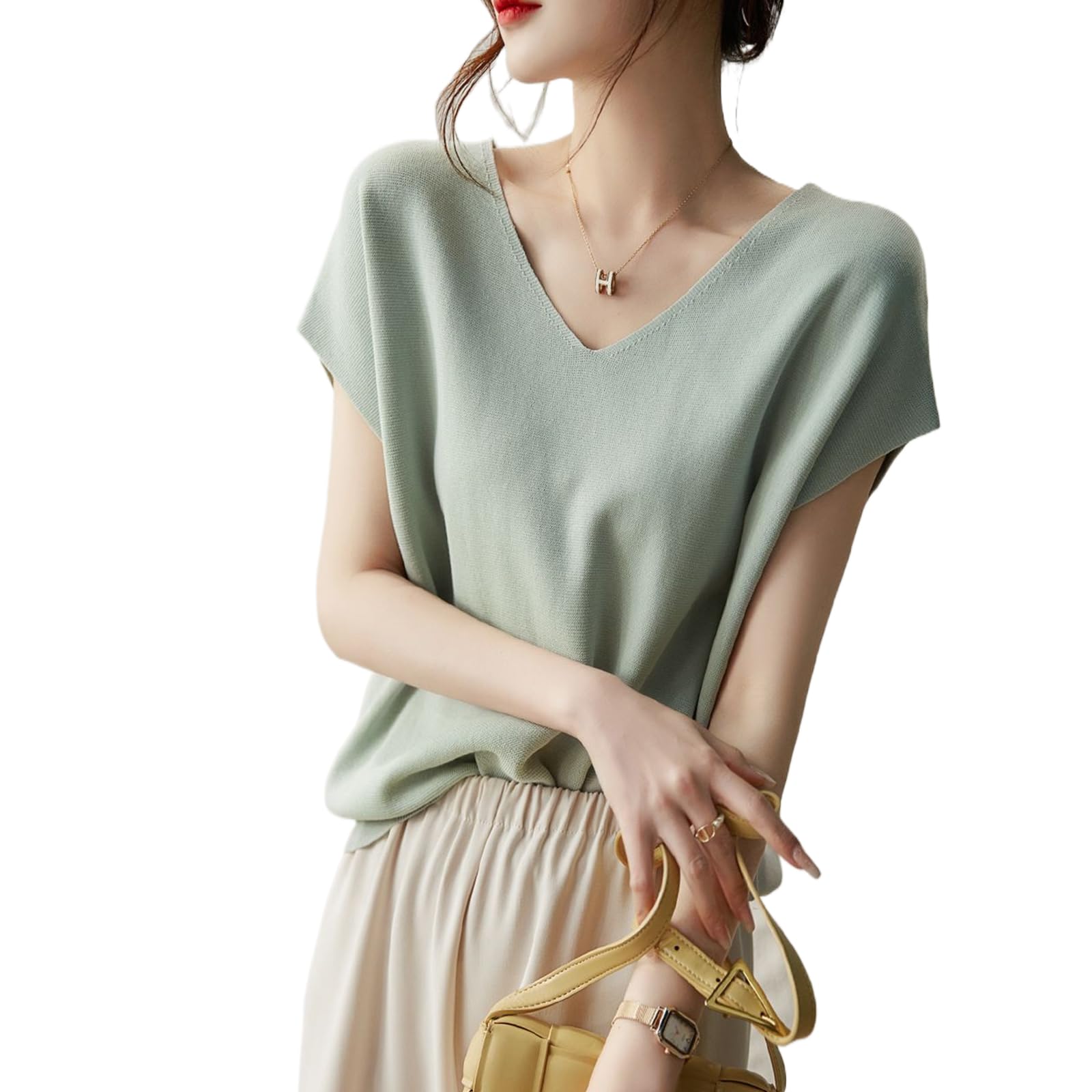 

Летний трикотаж с коротким рукавом французского кроя, из ледяного трикотажа, свободный, облегает тело, тонкий, прохладный для повседневного лета [Leadamon-oee] женский, футболка, зелёный