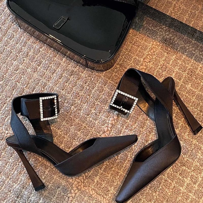 

Star style Luxury Satin Rhinestones Square Buckle Women Pumps Sexy Ankle strap Slingbacks Summer High Heels Celebrity Prom Shoes 34 чёрный
