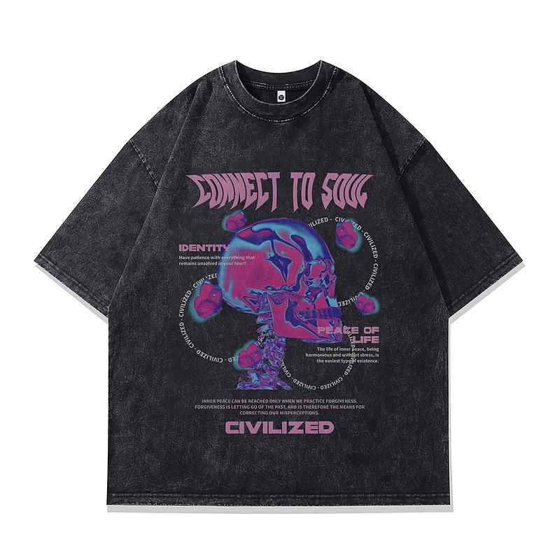 Heavy Cotton Short-Sleeved T-Shirt Men'S High Street Vintage Printed Washed Vintage Top