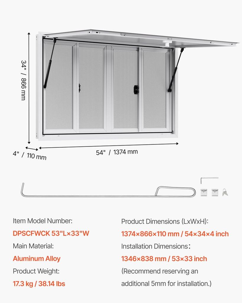 Verkaufsfenster 135x84 cm, Servicefenster aus Aluminiumlegierung für Food Truck, bis zu 85 Grad aufstellbares Bedienfenster mit 4 Schiebefenstern, Markisentür,