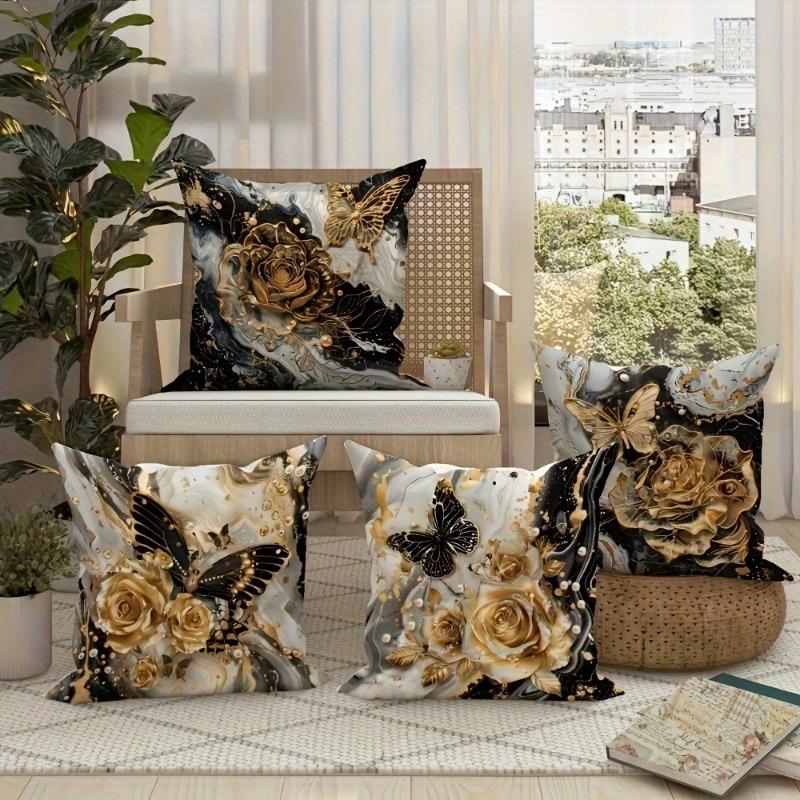 Schwarz und Gold Rose Schmetterling Luxus Kissenbezug Schlafzimmer Wohnzimmer Sofa Heimdekor Polyester Kissenbezug mit Reißverschluss