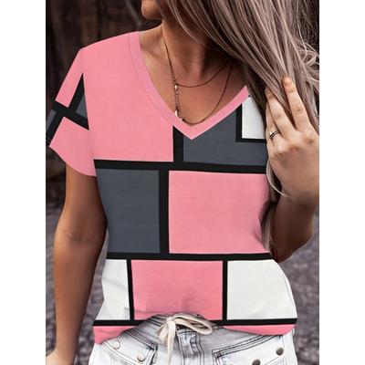 Women's Casual V-Neck Short Sleeve T-Shirt Breathable 3D Print Summer Wear Versatile Trendy Casualwear Top