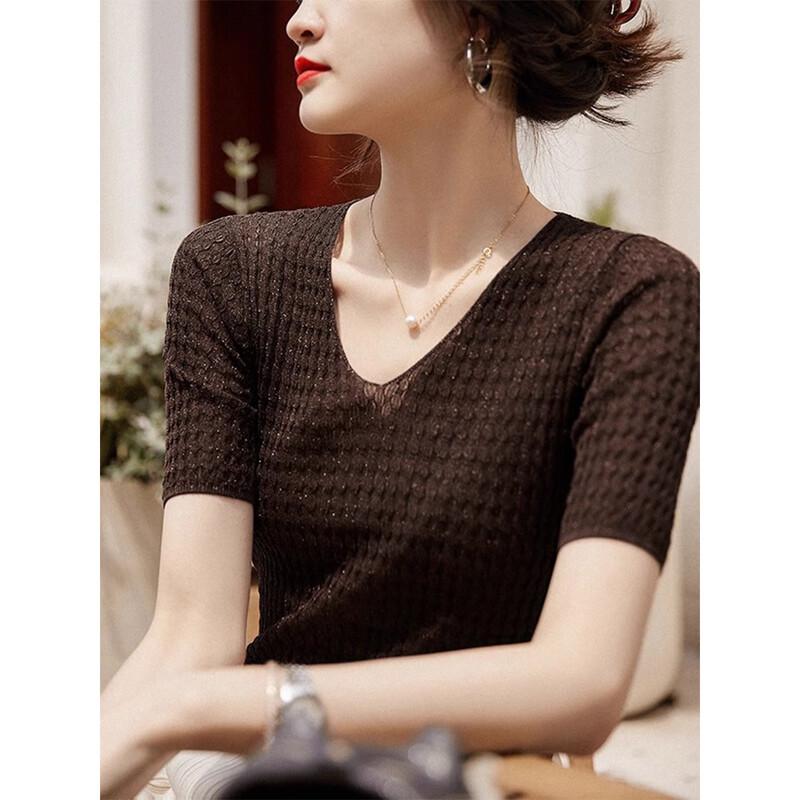 JK&JS Women's Stylish V-Neck Knit Short Sleeve Top