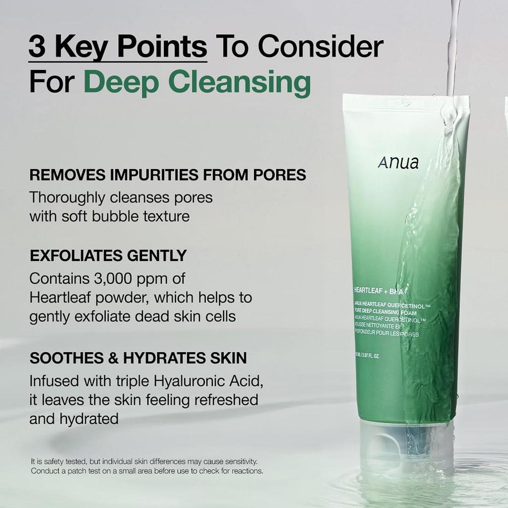 Anua Heartleaf Quercetinol Pore Deep Cleansing Foam 150ml (+25ml) Korean Pore-Clearing Face Wash with BHA