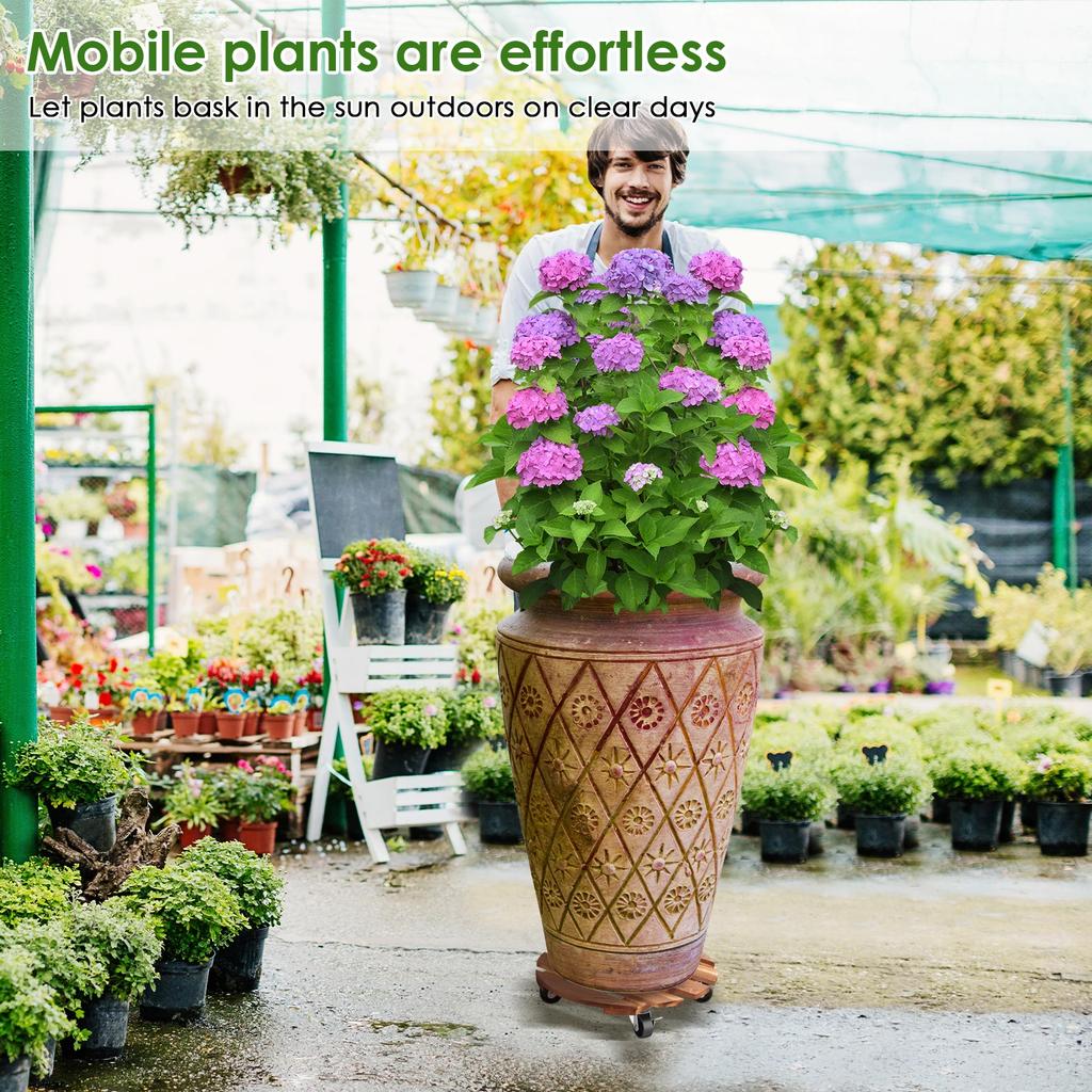 2Pcs Heavy Duty Flower Pot Mobile Tray Universal Wheel Mobile Base Round/Square Wooden Planter Tray Tree Flower Plants Stand