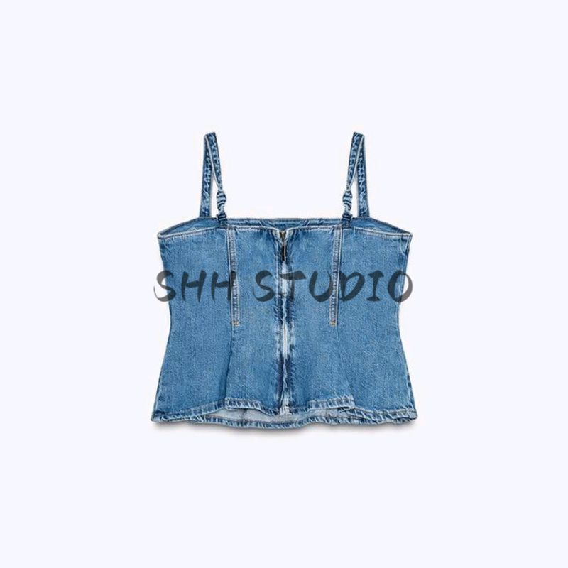 Summer New Product Women's Clothes French Stretch Design A- line Hem Cotton Sling Denim Tops 6164070