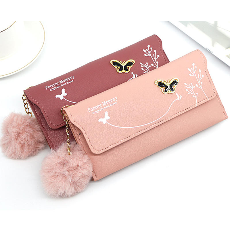 Womens Wallet Cute Elegant Long Slim Card Holder Case Minimalist Coin Purse Zipper Wallet With Fur Ball Bow Decor