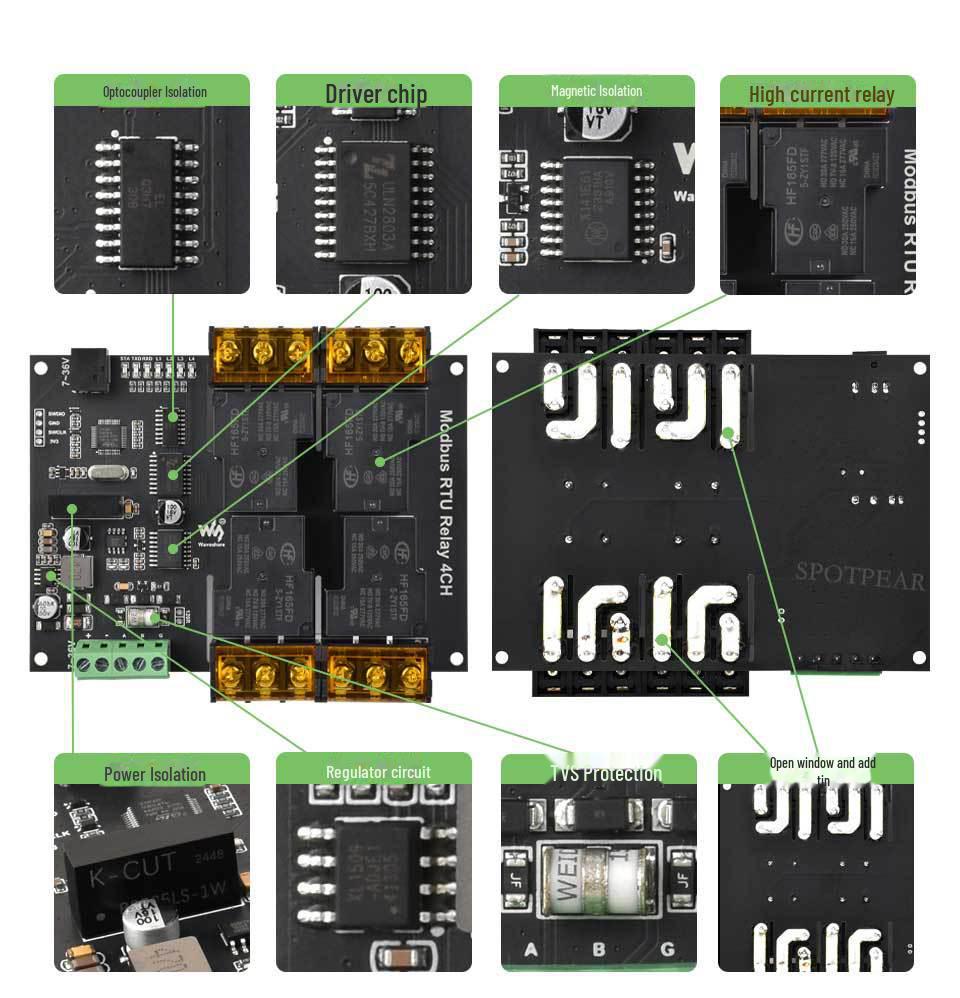 4-Way RS485 Modbus RTU High-Current Relay Module with Rail Protection