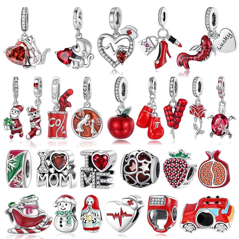 Red Color Series Charms Beads Copper Blood Heart Love Car Strawberry Fruit Dangle Fit Original Bracelet Diy Jewelry