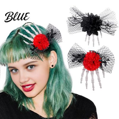 Spooky Hair Accessories Gothic Skeleton Hand Flowers Clip with Black Mesh Halloween Jewelry Skull Bone Claw Hairpin for Girls,Women Party