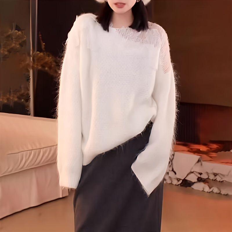 Pullover mit französischer Spitze und hohlen Blumen für Damen im Herbst und Winter, lockeres Strickoberteil-Design für Damenbekleidung