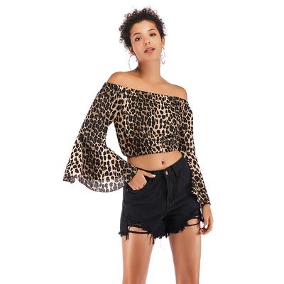 Camisa Estampada de Manga Acampanada con Temperamento Moderno y Casual Top de Un Hombro Suelto sin Tirantes Estampado de Leopardo