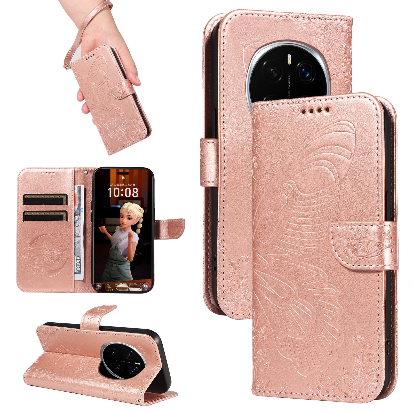 

For Honor Magic7 Pro 5G Case Butterfly Pattern PU Leather Folio Flip Phone Cover Rose Gold