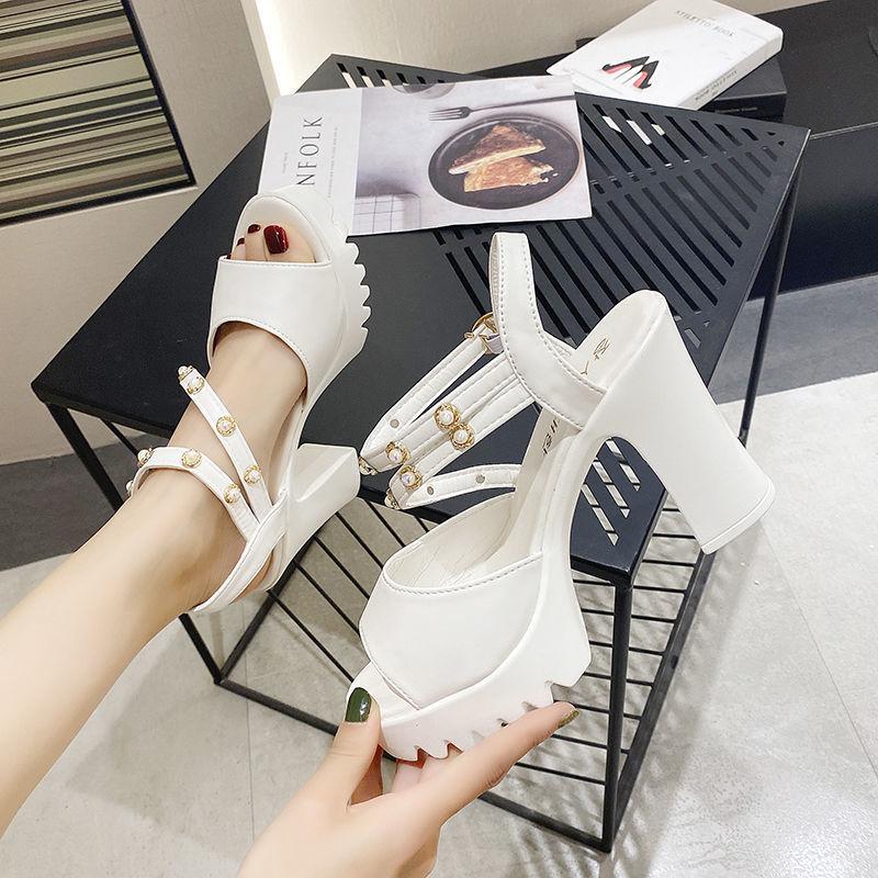 2025 Summer New Korean Version of Fish Mouth Versatile Waterproof Table High Heel Sandals Women's One-word Buckle Thin Heel Fashion Women's Shoes