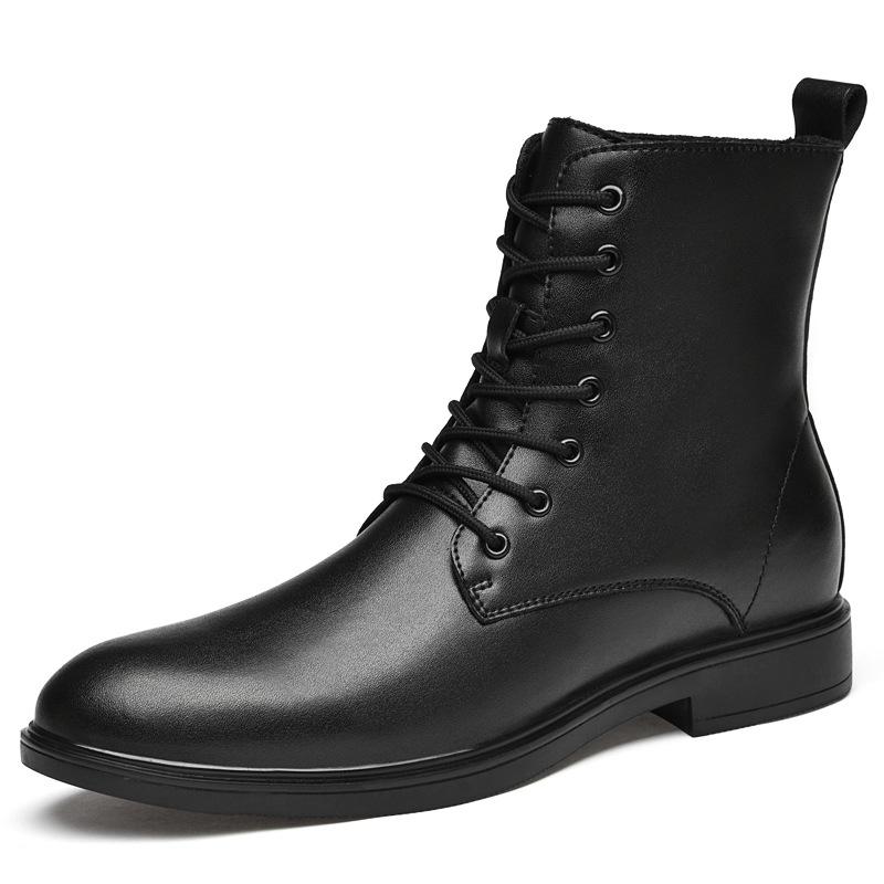 New Arrival: Men s Black High-Top Leather Boots - Warm, Trendy, British Style Velvet Martin Boots. 40