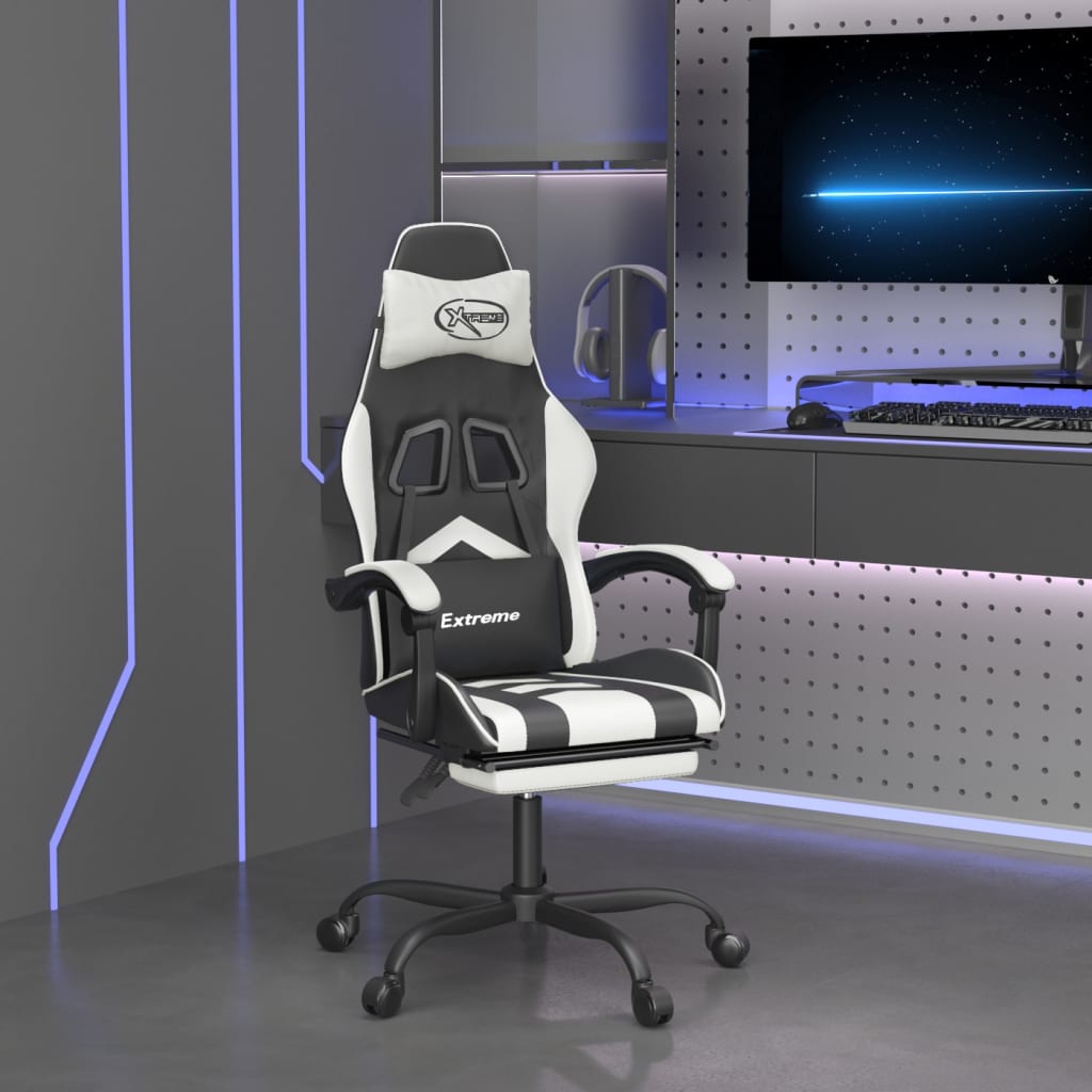 Gaming Chair with Footrest Swivel Black & White Faux Leather