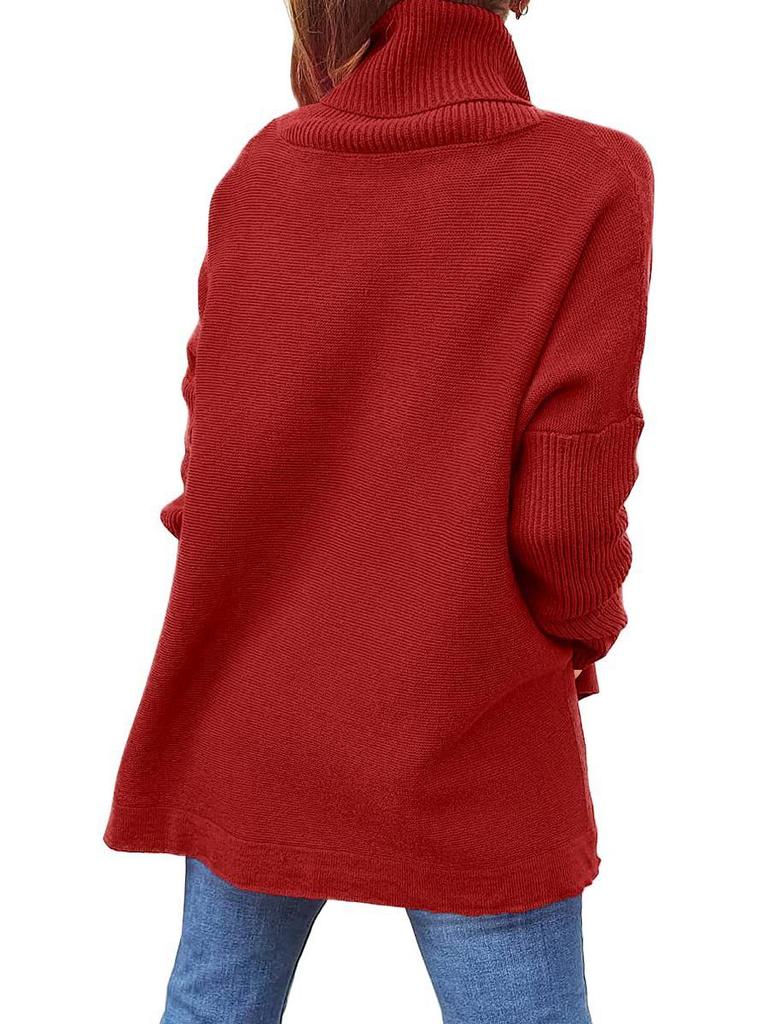 2024 Damen Hochhals Oversized Mittellanger Fledermausärmel Pullover mit Schlitzsaum und Taillengürtel