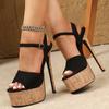 Mode Street Style Plateforme Bout Ouvert Bride à Boucle Grain de Bois Fines Talons Hauts Sandales pour Femmes Chaussures de Soirée