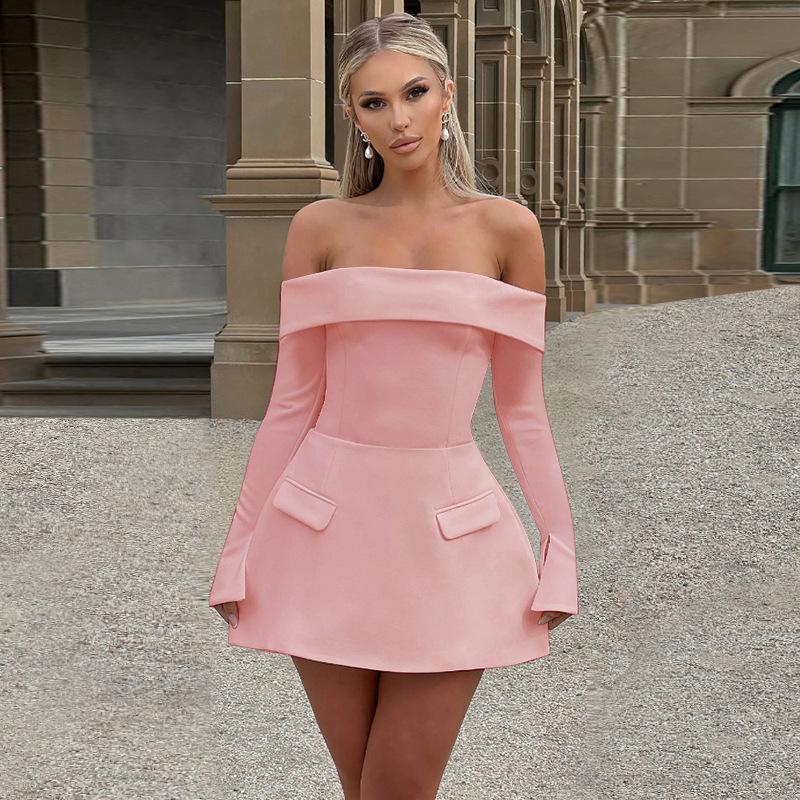 Sexy style one-word shoulder A pendulum dress women, autumn new temperament elegant slim hip skirt