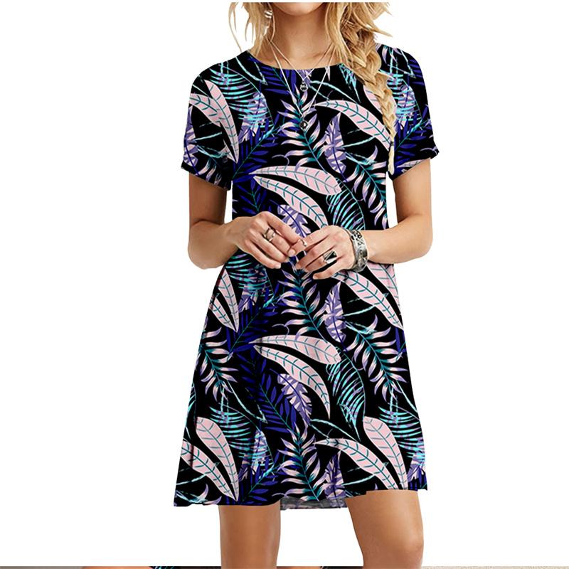 S-6XL Plus Size Dresses For Summer Women Beach Dress Palm Leaves Feather Print Dress Streetwear Casual Loose Ladies Dress