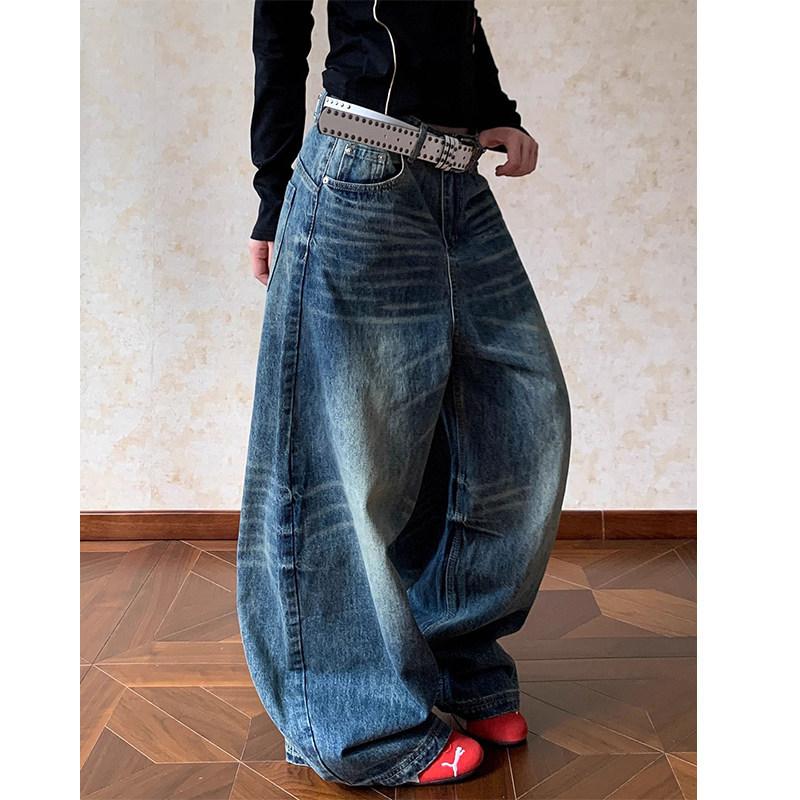 Men's and women's silhouette washed wide-leg scimitar thin American cat whisker pants fit versatile casual jeans loose cl