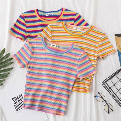 Neue T Shirt Frauen Regenbogen Gestreiften Tops Slim Fit t shirt Harajuku T-shirt Sommer Kurzarm Koreanische T-shirt feminina Kleidung tops