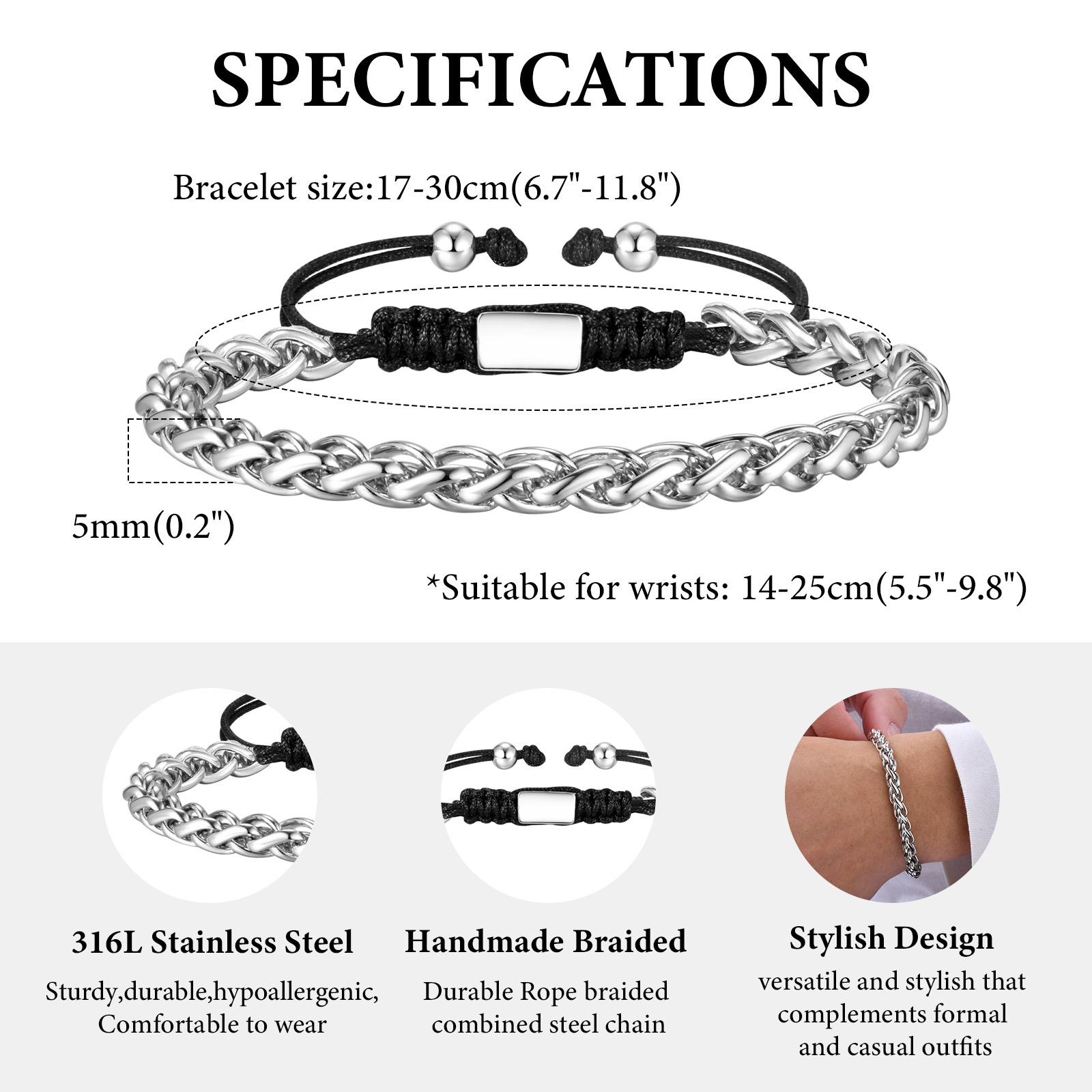 Men s Wheat Chain Bracelet for Men Boys,Black Braided Rope Stainless Steel Chain Wristband,New Fashion Jewelry Gift
