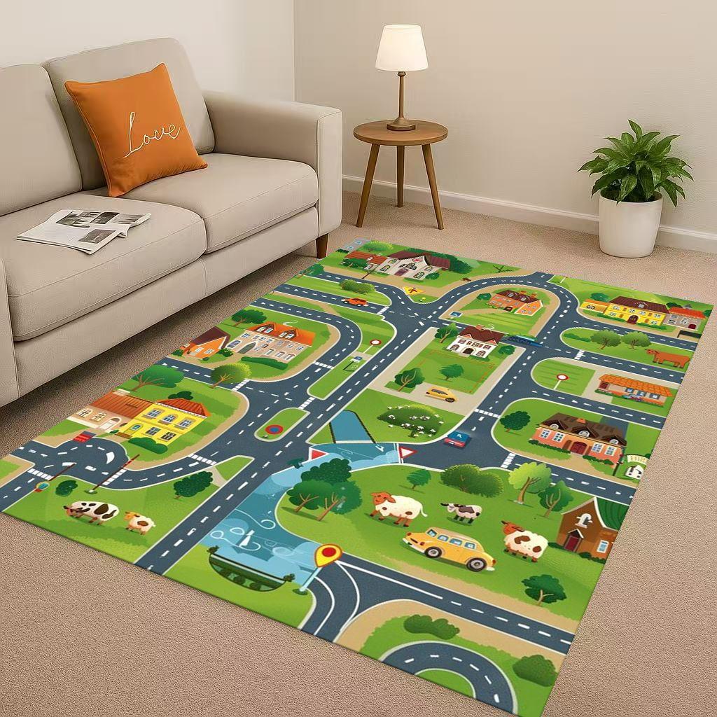 City Street Road Traffic Race Track Child Interaction Game Cartoon Living Room Kid Playroom Non-Slip Area Rug Carpet for Bedroom