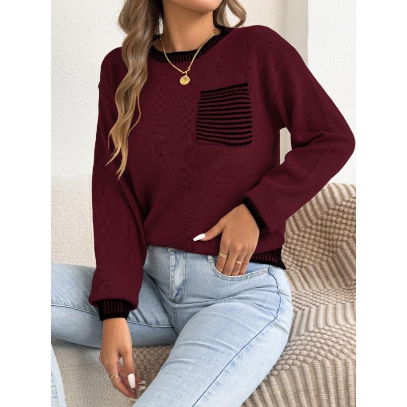 Women S Long Sleeve Striped Pocket Casual Sweater