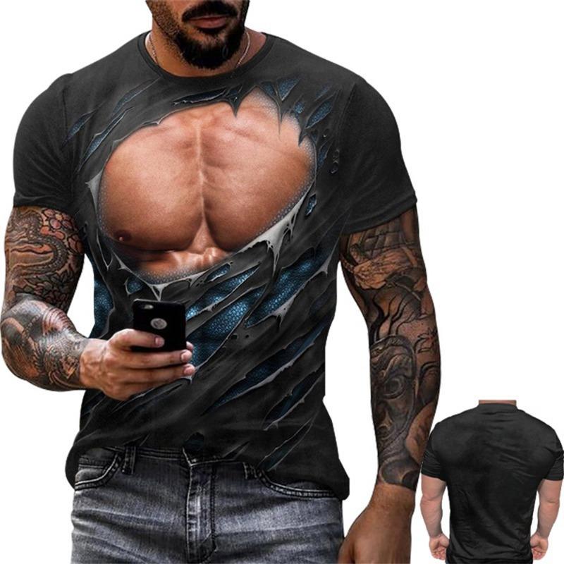 2026 Summer Men's Fashion Trend Personalized Creativity 3D Printing Fake Muscle Print T-shirt Street Casual Fun Short Sleeved