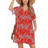 Women's Fashion Smock Hawaiian Floral Casual Short Sleeve V-neck T-shirt Dress Holiday Beach Dress