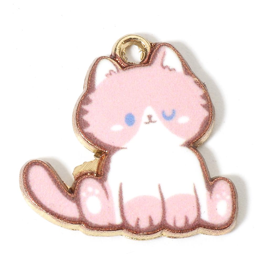 Cute Cartoon Cat Zinc Based Alloy Charms Cat Animal Enamel Gold Color Metal Pendants For DIY Making Jewelry 20mm x 20mm, 10 PCs