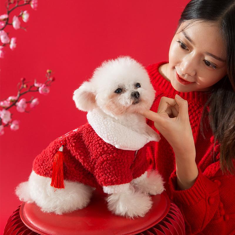 Dog autumn and winter lamb wool thickened Tang suit teddy two-legged cotton-padded coat Chinese New Year festive cat warm pet clothes