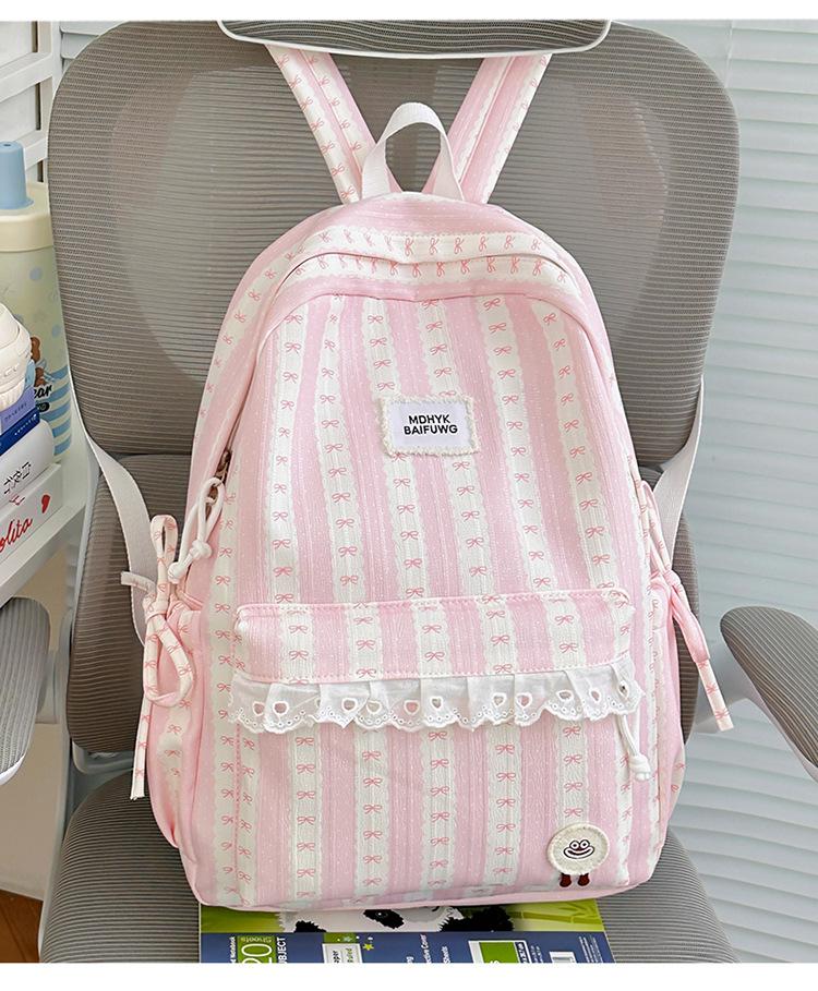 Schoolbag Summer Fresh Peach Light Pink Striped Bow Schoolbag Milk Huhu Sweet Girl Heart Girlfriend Travel Backpack