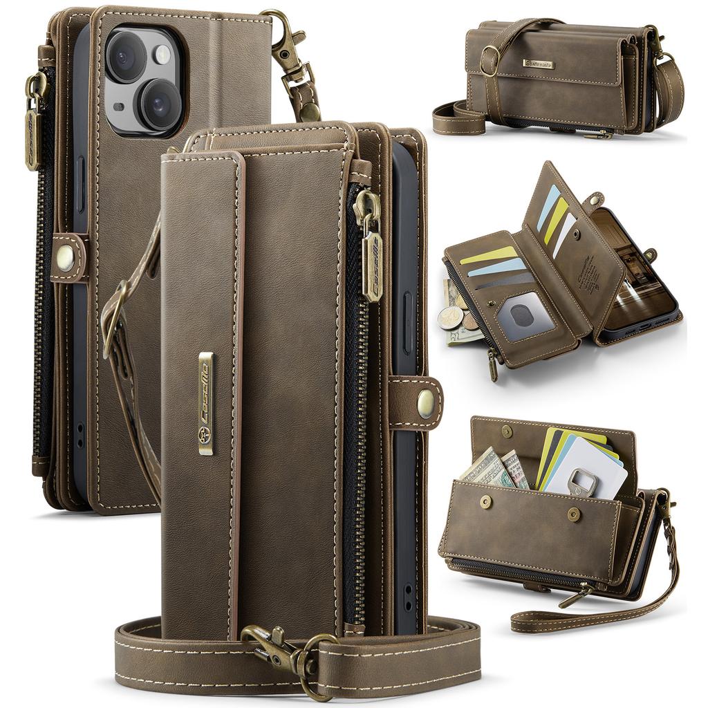 For iPhone 15 Case CASEME C39 RFID Blocking Zipper Wallet Stand Leather Cover with Strap