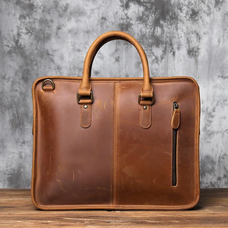 NZPJ Vintage Genuine Leather Men's Briefcase Natural Cowhide Handbag Crossbody Leisure Commuting Computer Bag for Men