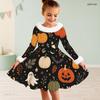 Girls High Neck Long Sleeve Furry Trim Printed Witch Frog Pattern A Line Flared Dress