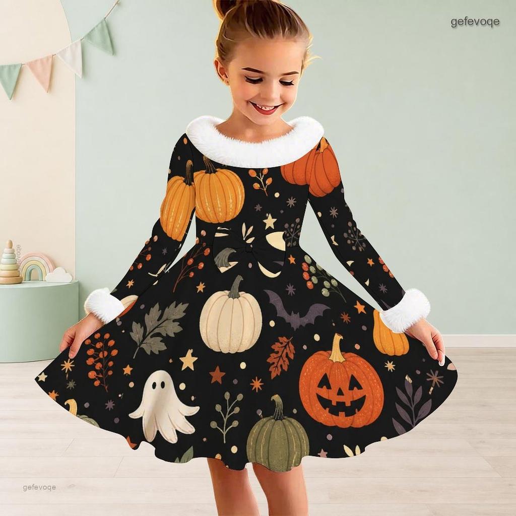 Girls High Neck Long Sleeve Furry Trim Printed Witch Frog Pattern A Line Flared Dress