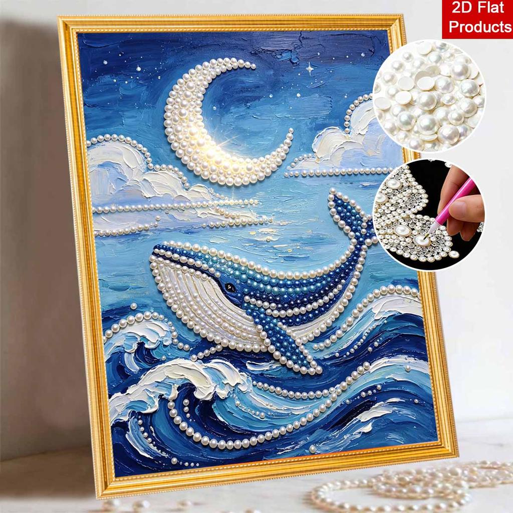 Kit de Pintura de Perlas sin Marco DIY Ballena Azul Luna Arte de Perlas Brillantes 3D Lienzo Manualidad Creativa Relajante para Decoración de Pared del Hogar Regalo