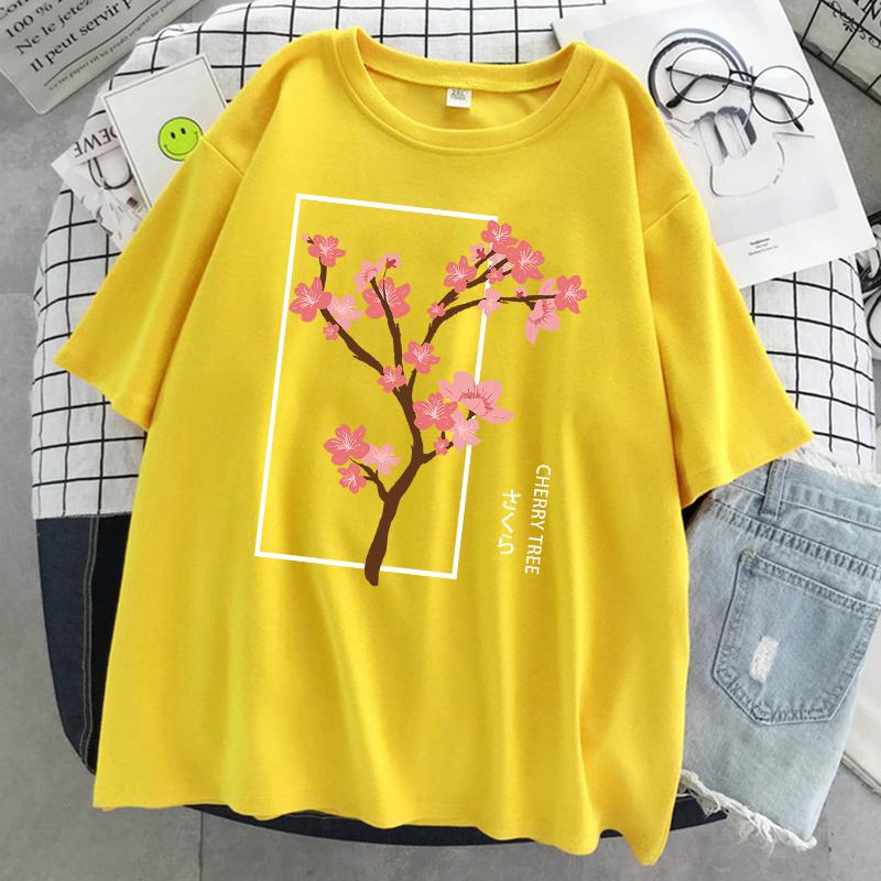 Cherry Tree In Full Bloom Printing Female Tshirt Street Breathable T Shirt Soft Fashion Short Sleeve Oversized Sport T Shirts