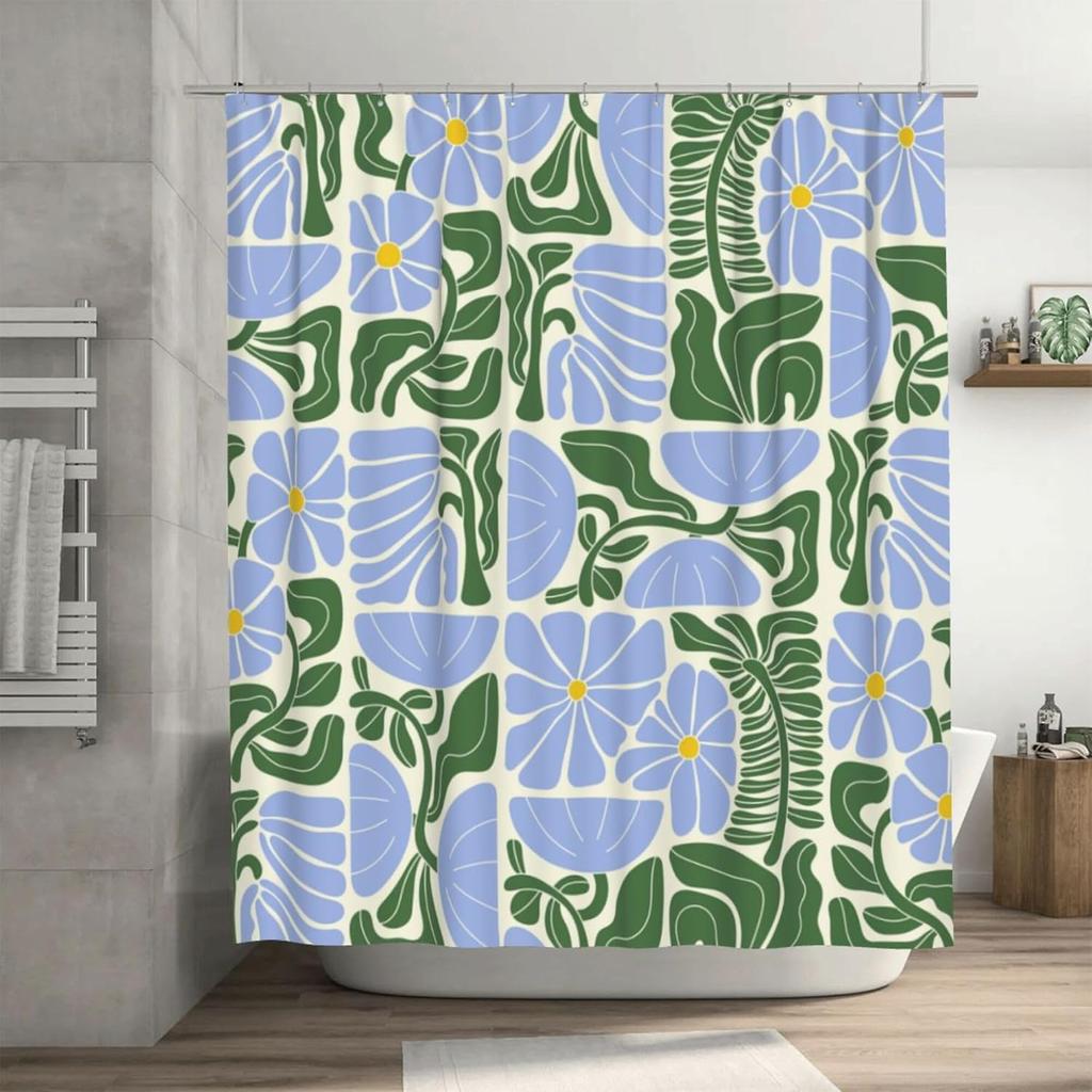 Abstract Geometric Boho Shower Curtains for Bathroom, Cute Blue and Green Floral Bathroom Shower Curtain, Vintage Bath Curtain