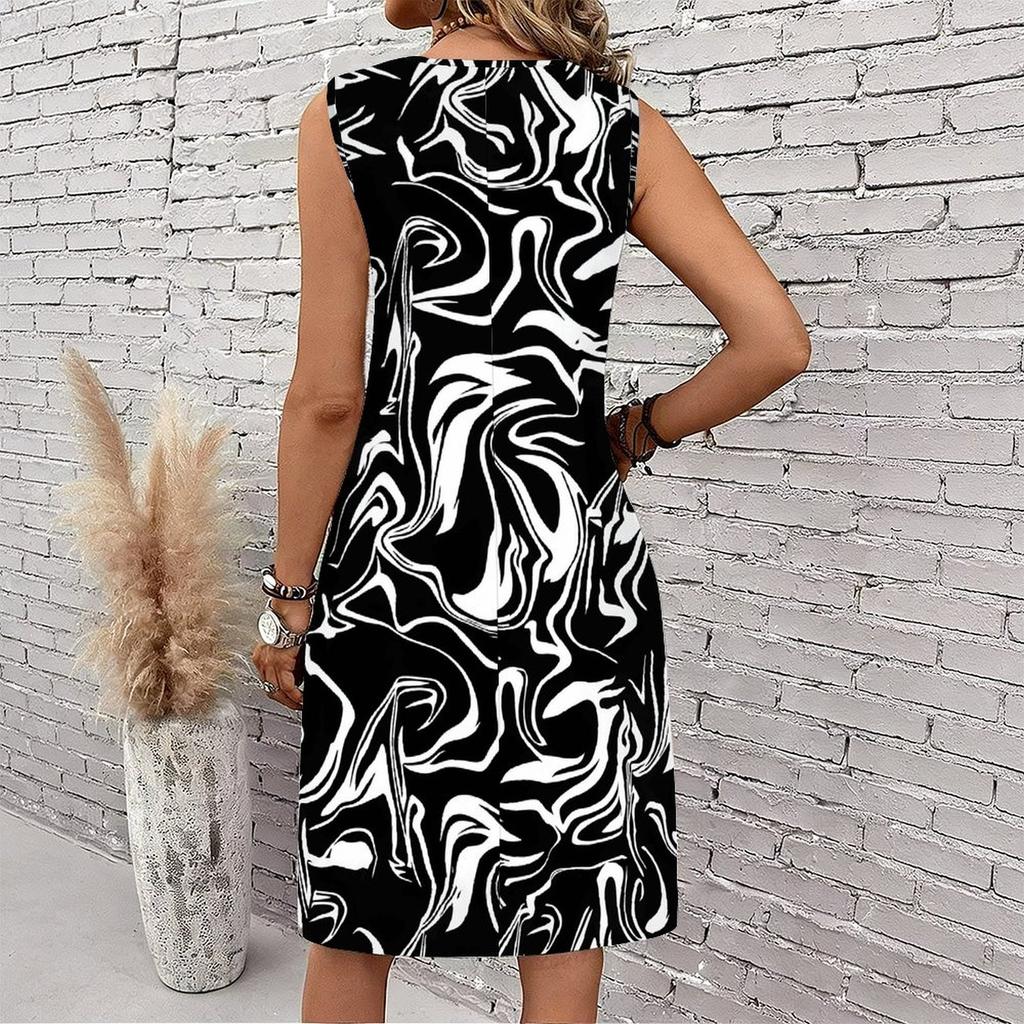 Plus Size V Neck Sleeveless Dress Misty River Valley Ink Print For Lakeside Leisure Trip