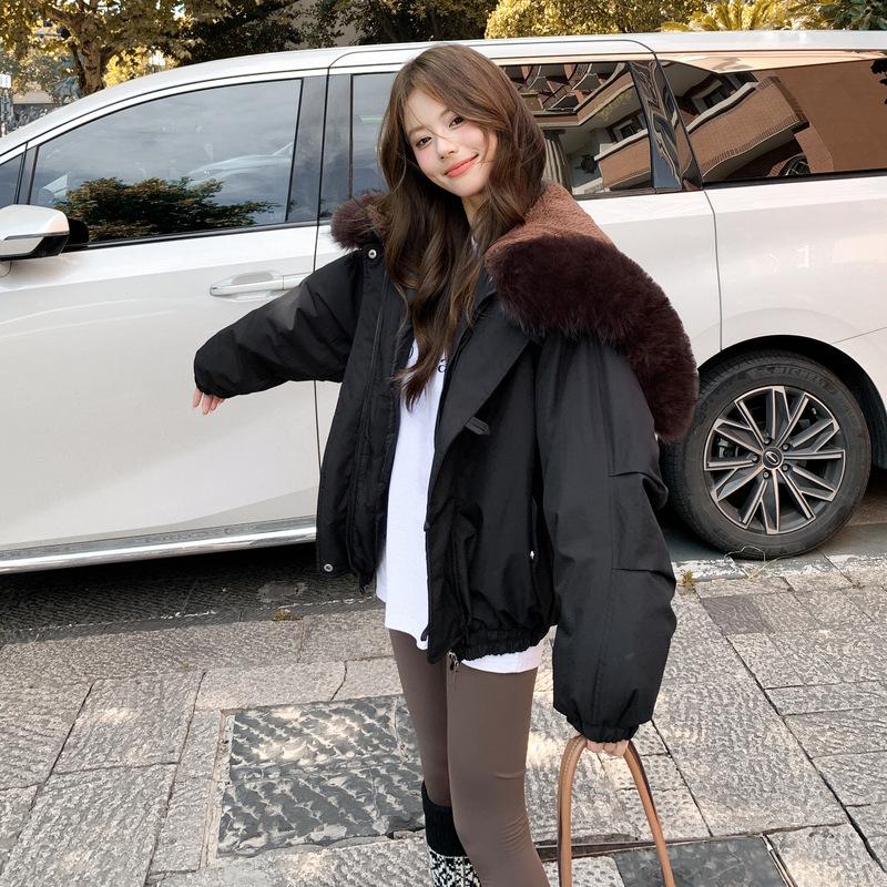 

Retro big fur collar hooded cotton clothes women s winter coat new horn buckle thickened cotton-padded clothes XL чёрный