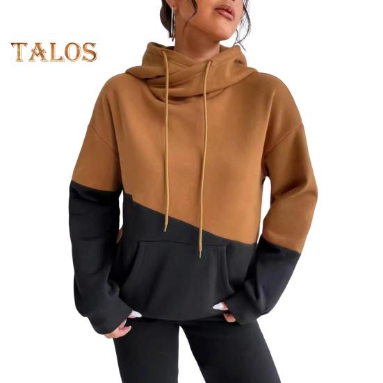 Damska bluza z kapturem na jesień i zimę, z kolorowym blokiem, ściągaczem, długimi rękawami, elastycznymi mankietami i obszyciem oraz dużą kieszenią, gruba sportowa bluzka fitness