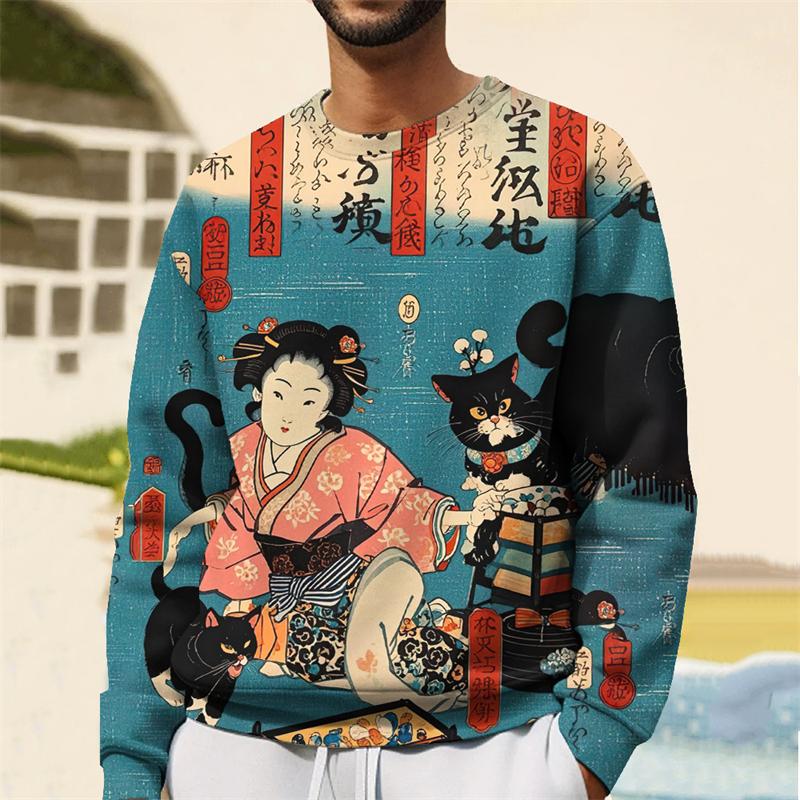 Fashion Japanese Ukiyo-E Graphic Sweatshirt For Men Spring Autumn Trend Long Sleeve 3D Printed Hoodie Casual Streetwear Pullover