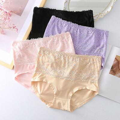 Damen Slips Hohe Elastizität Atmungsaktiv Weiche Slips Hohe Taille Einfarbig Stickerei Spitze Spleißung Übergröße Unterwäsche